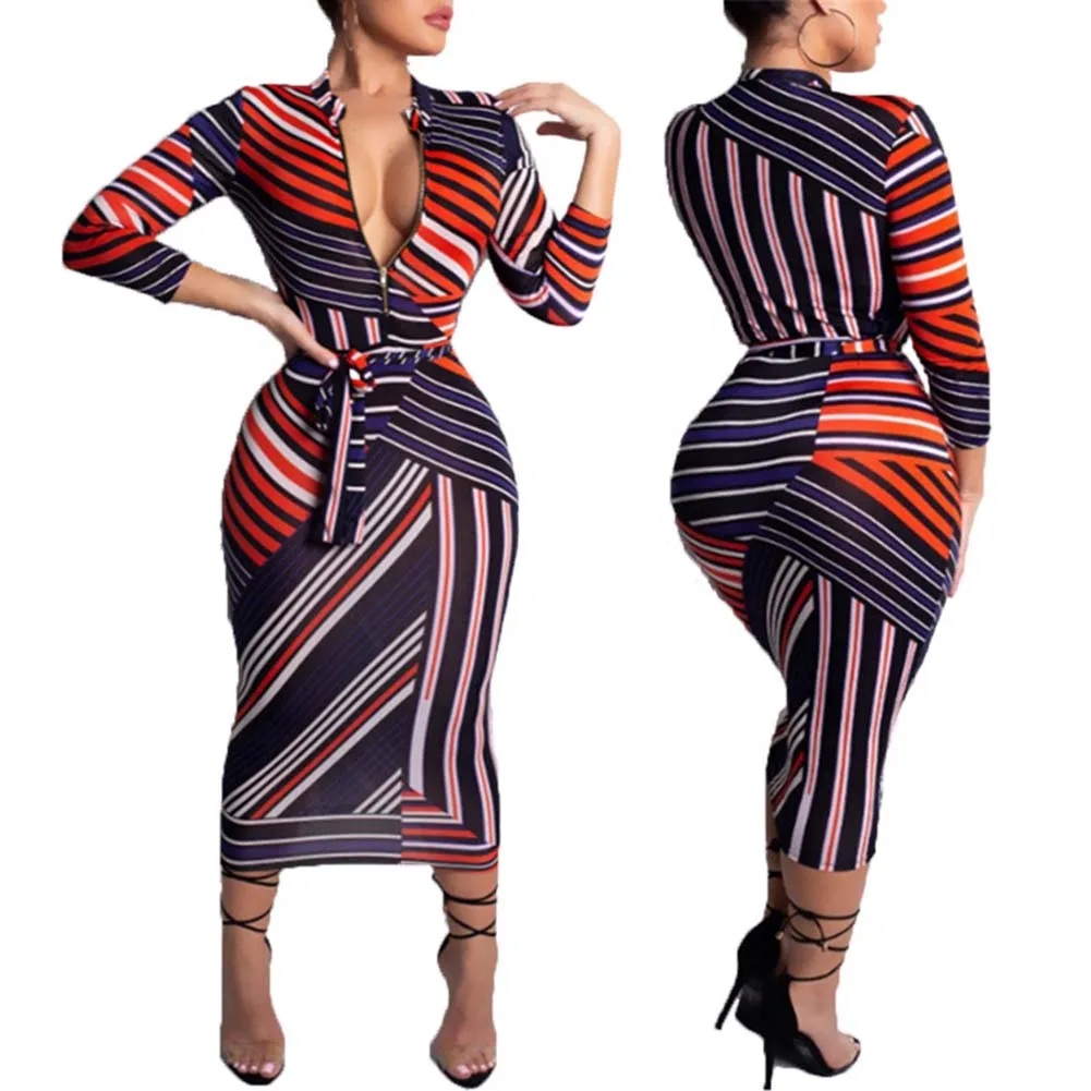 Striped Bodycon Dashiki Sexy V Neck Dress
