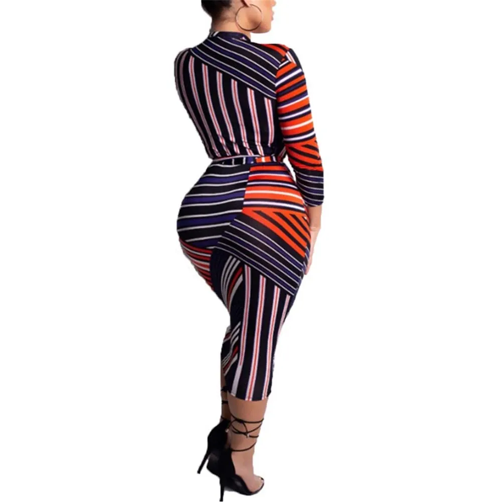 Striped Bodycon Dashiki Sexy V Neck Dress