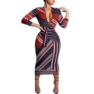 Striped Bodycon Dashiki Sexy V Neck Dress