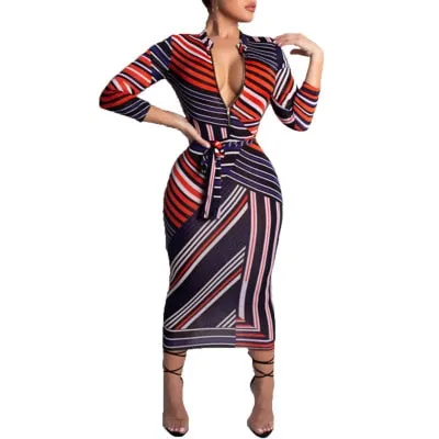 Striped Bodycon Dashiki Sexy V Neck Dress