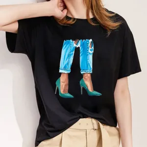 Style M： Lady In Floral Dress Women Black T-Shirt