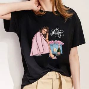 Style Q： Lady In Floral Dress Women Black T-Shirt