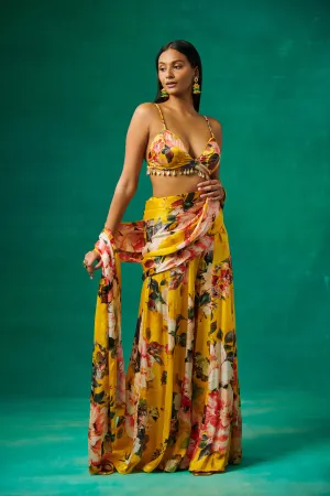 Surajmukhi' Yellow Floral Print Blouse With Flared Sharara And Drape Attached To It
