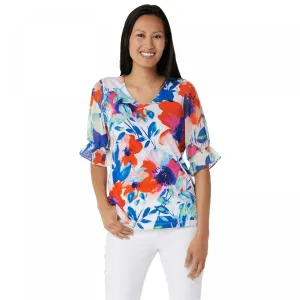 Susan Graver Women's Printed Liquid Knit Top With Chiffon Sleeves