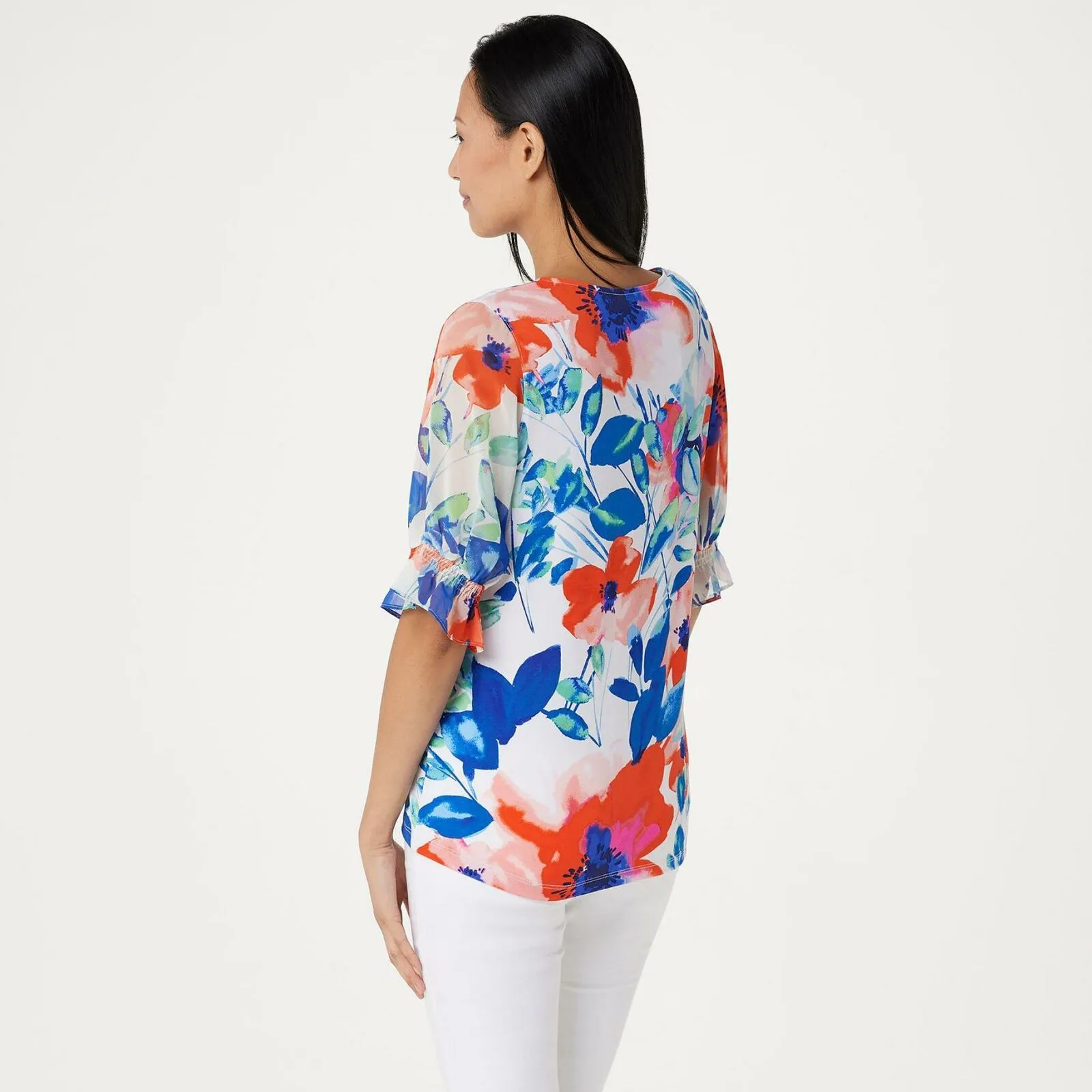 Susan Graver Women's Printed Liquid Knit Top With Chiffon Sleeves
