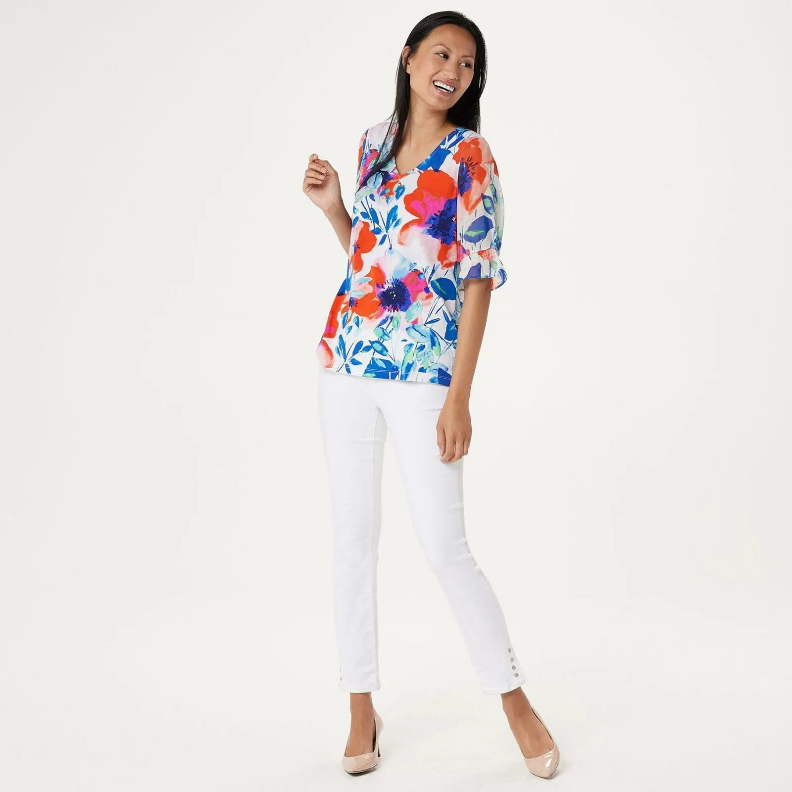 Susan Graver Women's Printed Liquid Knit Top With Chiffon Sleeves