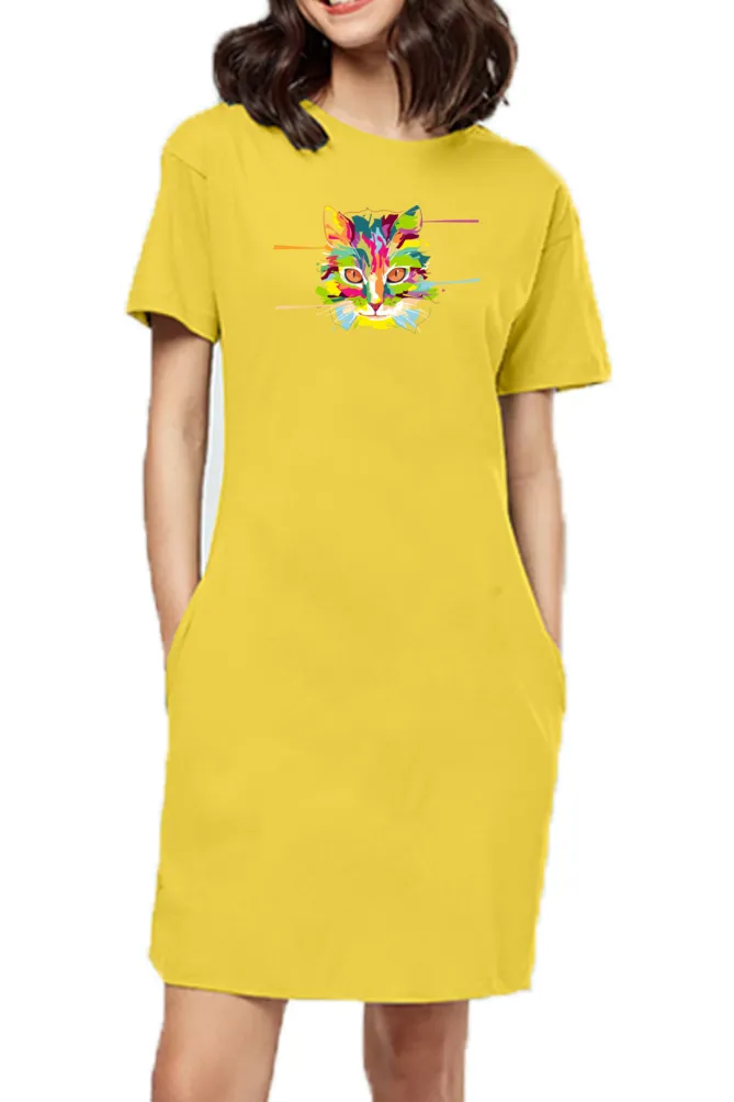 T-shirt Dress With Pockets - Laser Sharp Cat (6 Colours) (Slim Fit)