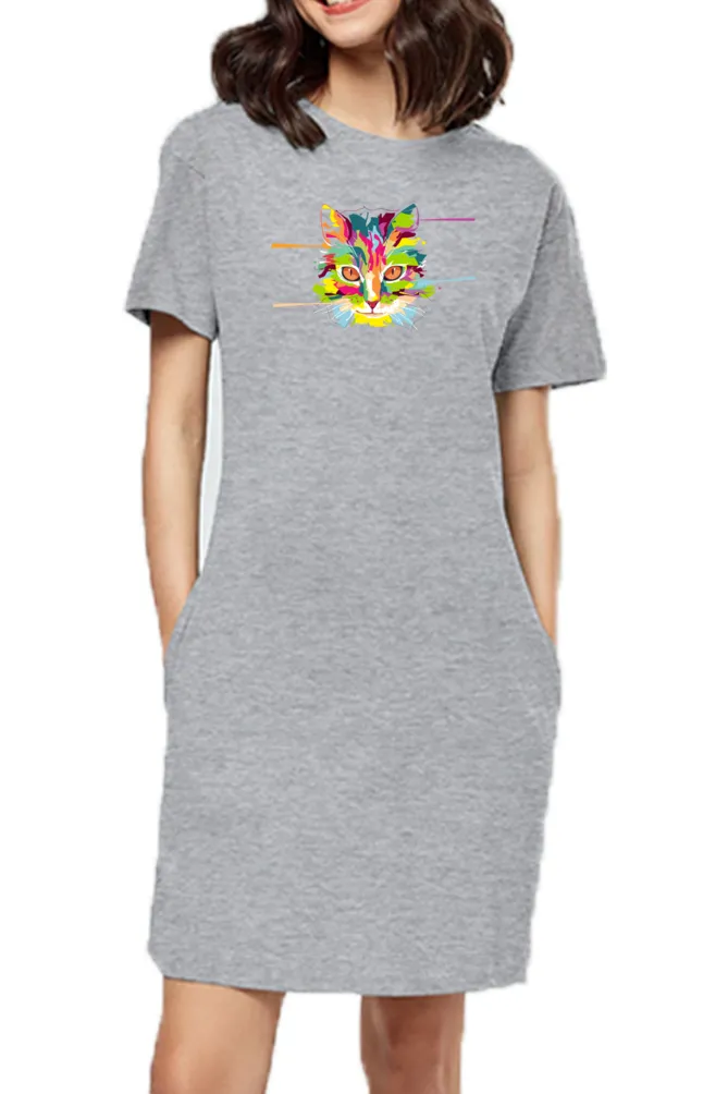 T-shirt Dress With Pockets - Laser Sharp Cat (6 Colours) (Slim Fit)