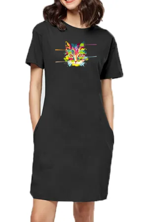 T-shirt Dress With Pockets - Laser Sharp Cat (6 Colours) (Slim Fit)