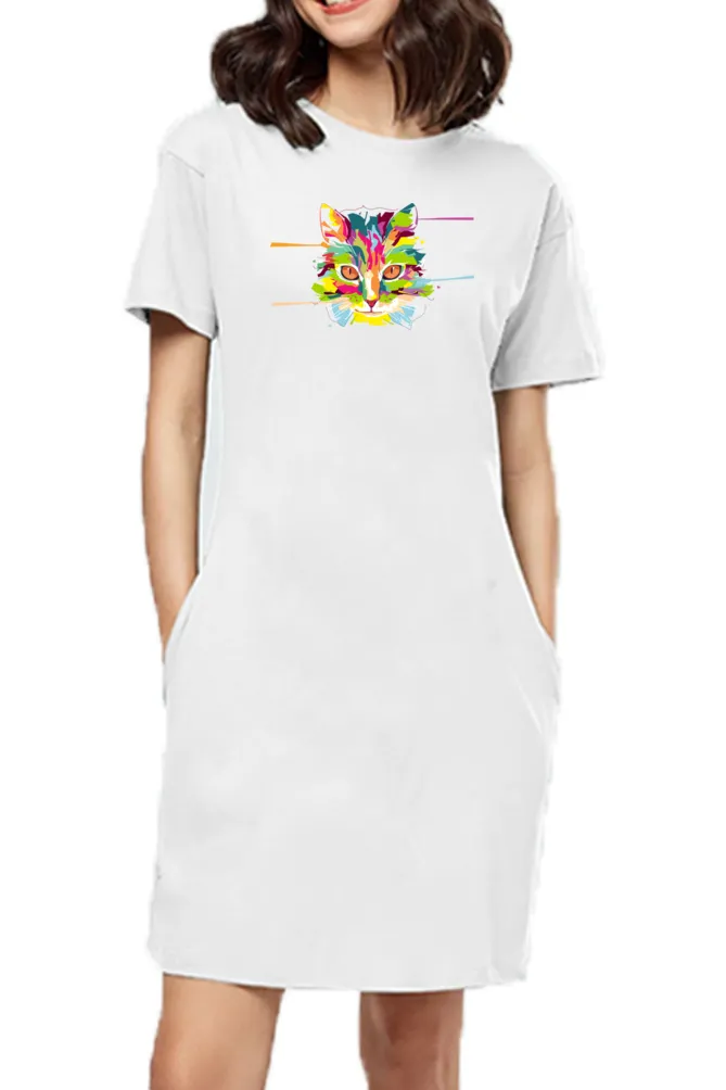 T-shirt Dress With Pockets - Laser Sharp Cat (6 Colours) (Slim Fit)