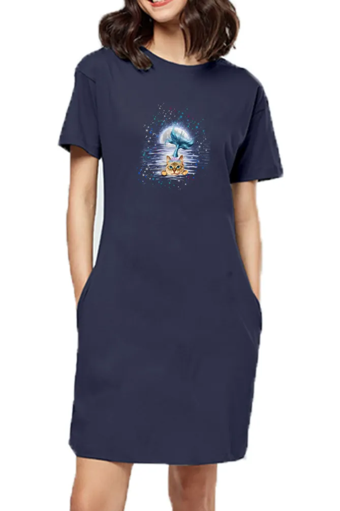 T-Shirt Dress With Pockets - Little Meowmaid Cat (2 Colours) (Slim Fit)