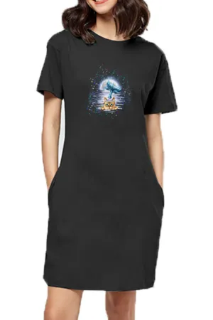 T-Shirt Dress With Pockets - Little Meowmaid Cat (2 Colours) (Slim Fit)