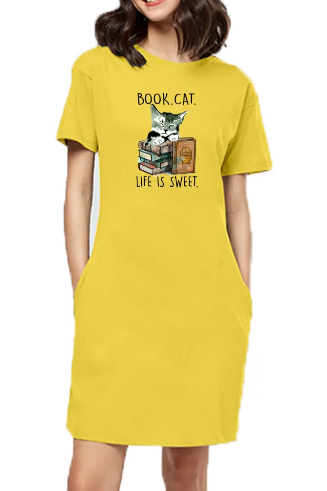 T-shirt Dress With Pockets - Nerdy Kitty (3 Colours) (Slim Fit)