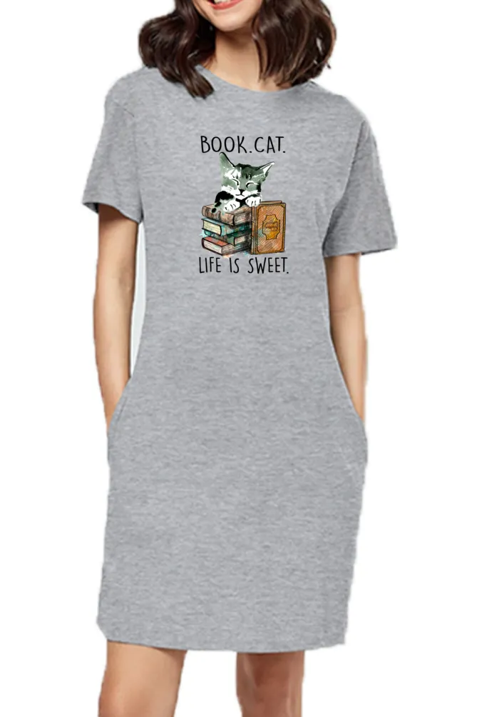 T-shirt Dress With Pockets - Nerdy Kitty (3 Colours) (Slim Fit)
