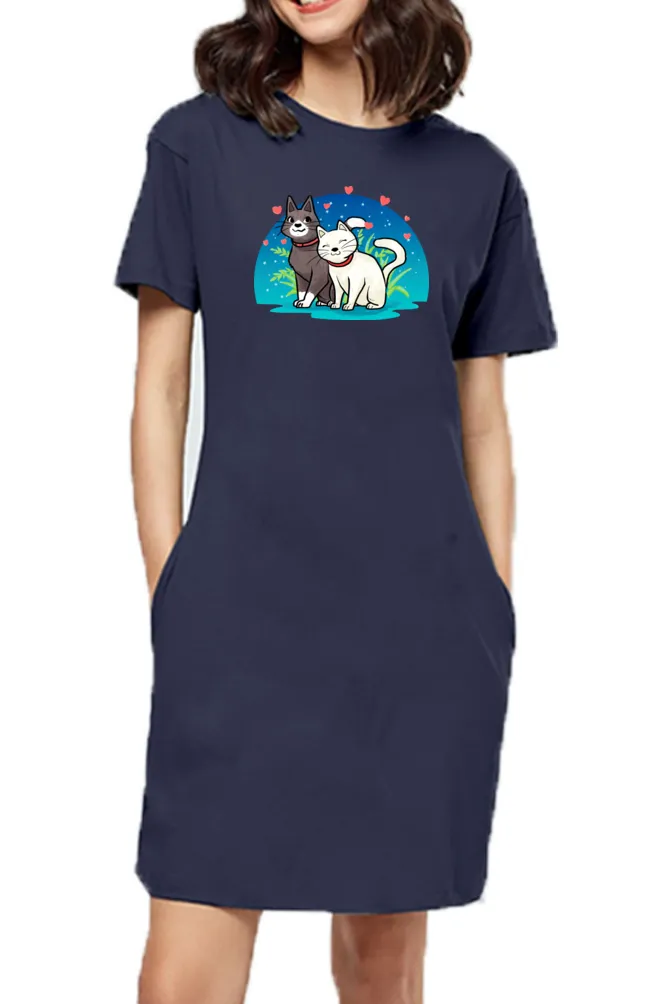 T-shirt Dress With Pockets - Pawsitively Adorable Cats (4 Colours) (Slim Fit)