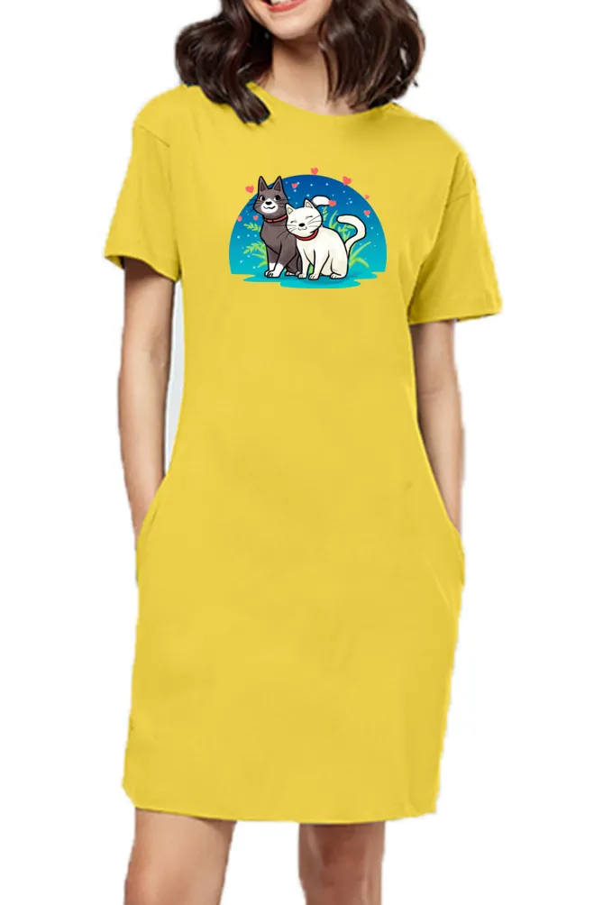 T-shirt Dress With Pockets - Pawsitively Adorable Cats (4 Colours) (Slim Fit)