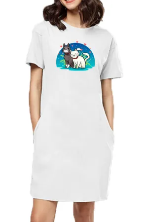 T-shirt Dress With Pockets - Pawsitively Adorable Cats (4 Colours) (Slim Fit)
