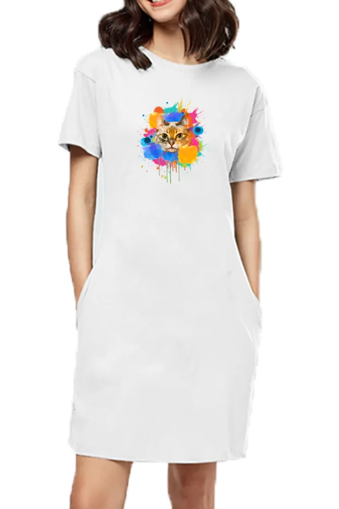 T-shirt Dress With Pockets - Splishy Splishy Cat (6 Colours) (Slim Fit)