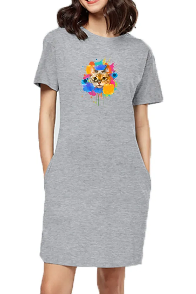 T-shirt Dress With Pockets - Splishy Splishy Cat (6 Colours) (Slim Fit)