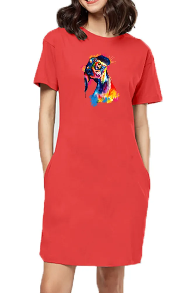 T-shirt Dress With Pockets - Tilted Head Rainbow Dog (6 Colours) (Slim Fit)