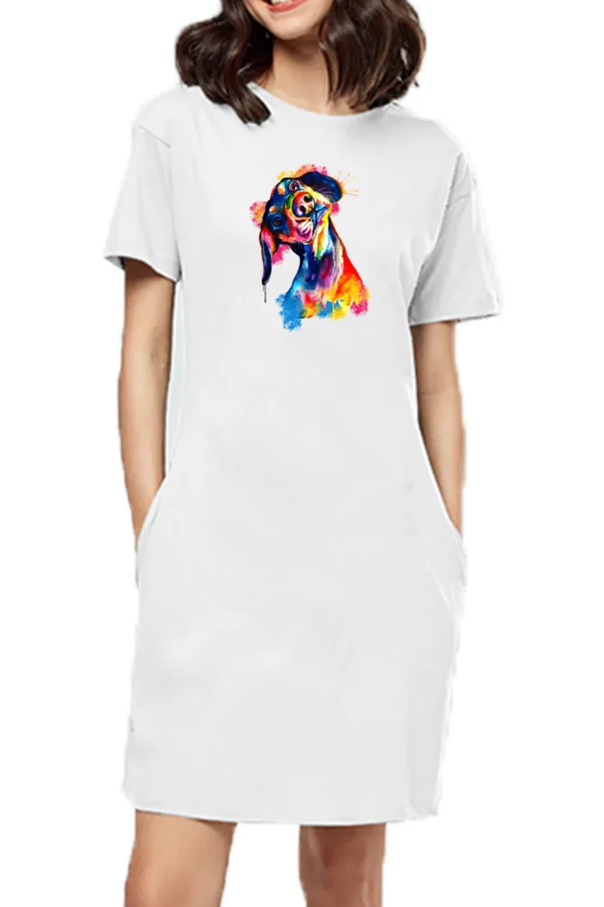 T-shirt Dress With Pockets - Tilted Head Rainbow Dog (6 Colours) (Slim Fit)