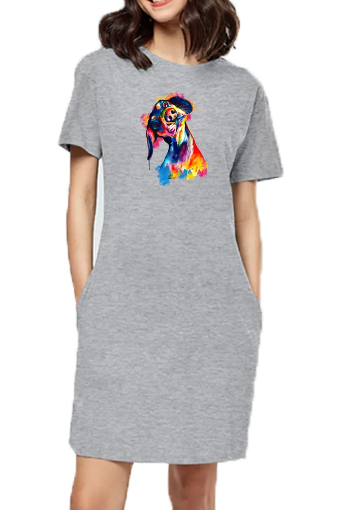 T-shirt Dress With Pockets - Tilted Head Rainbow Dog (6 Colours) (Slim Fit)