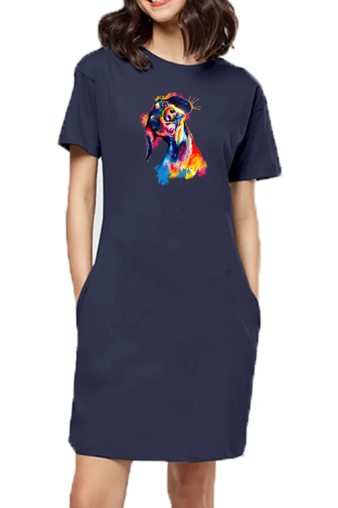 T-shirt Dress With Pockets - Tilted Head Rainbow Dog (6 Colours) (Slim Fit)