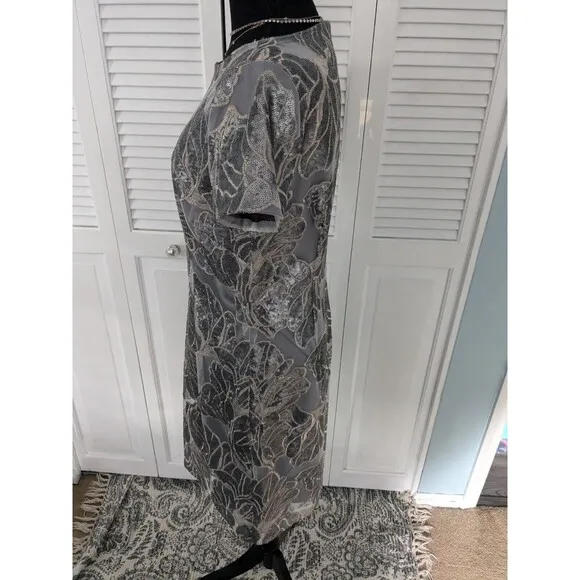 Tahari Dress Womens 8 Gray Sequin Mesh Embroidered Party Silver Formal Sheath