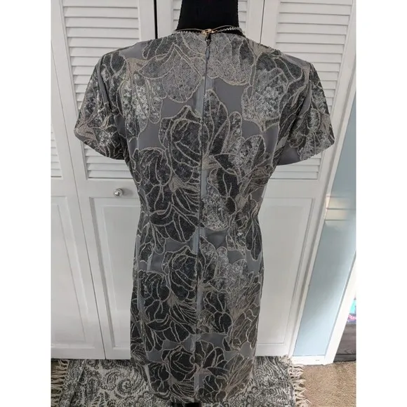 Tahari Dress Womens 8 Gray Sequin Mesh Embroidered Party Silver Formal Sheath
