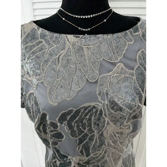Tahari Dress Womens 8 Gray Sequin Mesh Embroidered Party Silver Formal Sheath
