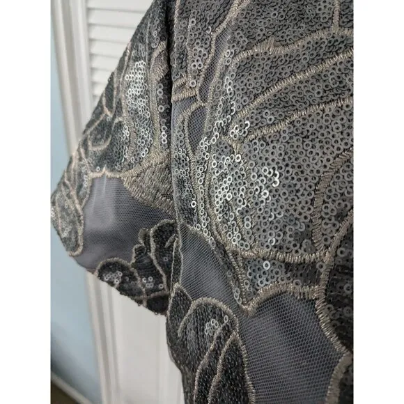 Tahari Dress Womens 8 Gray Sequin Mesh Embroidered Party Silver Formal Sheath