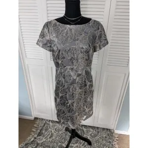 Tahari Dress Womens 8 Gray Sequin Mesh Embroidered Party Silver Formal Sheath