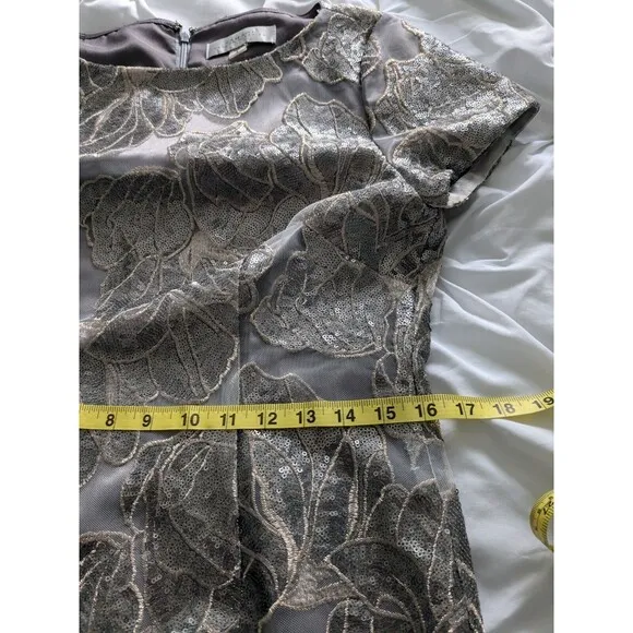 Tahari Dress Womens 8 Gray Sequin Mesh Embroidered Party Silver Formal Sheath