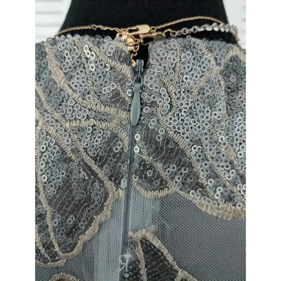 Tahari Dress Womens 8 Gray Sequin Mesh Embroidered Party Silver Formal Sheath