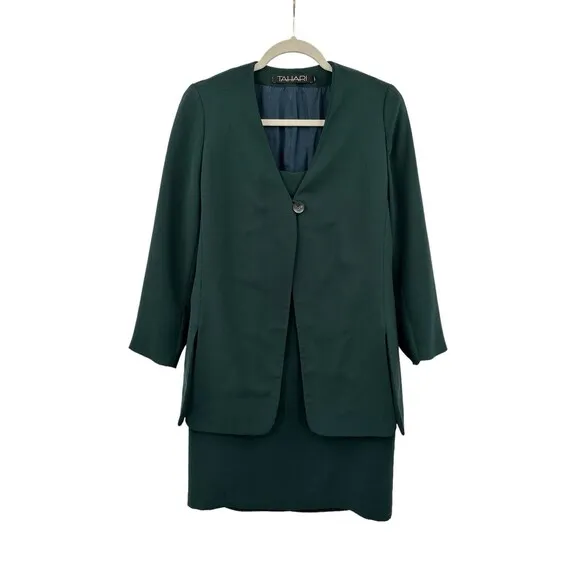 Tahari Suit Crepe Topper Jacket Dress 8 Green Sheath Career Church Sunday Best