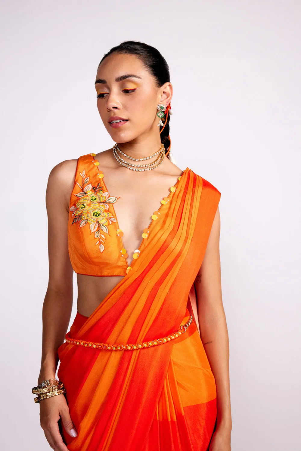 Tangerine Orange Color Block Pre Drape Saree Set