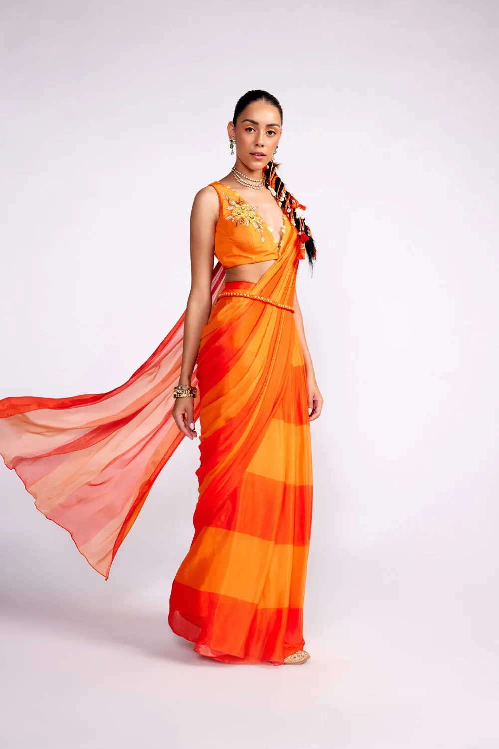 Tangerine Orange Color Block Pre Drape Saree Set