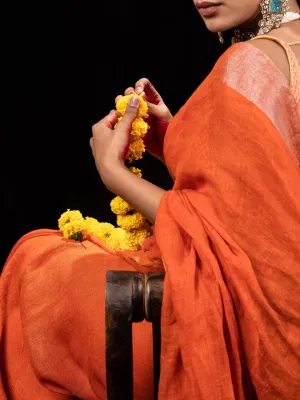 Tangerine Pure Linen saree