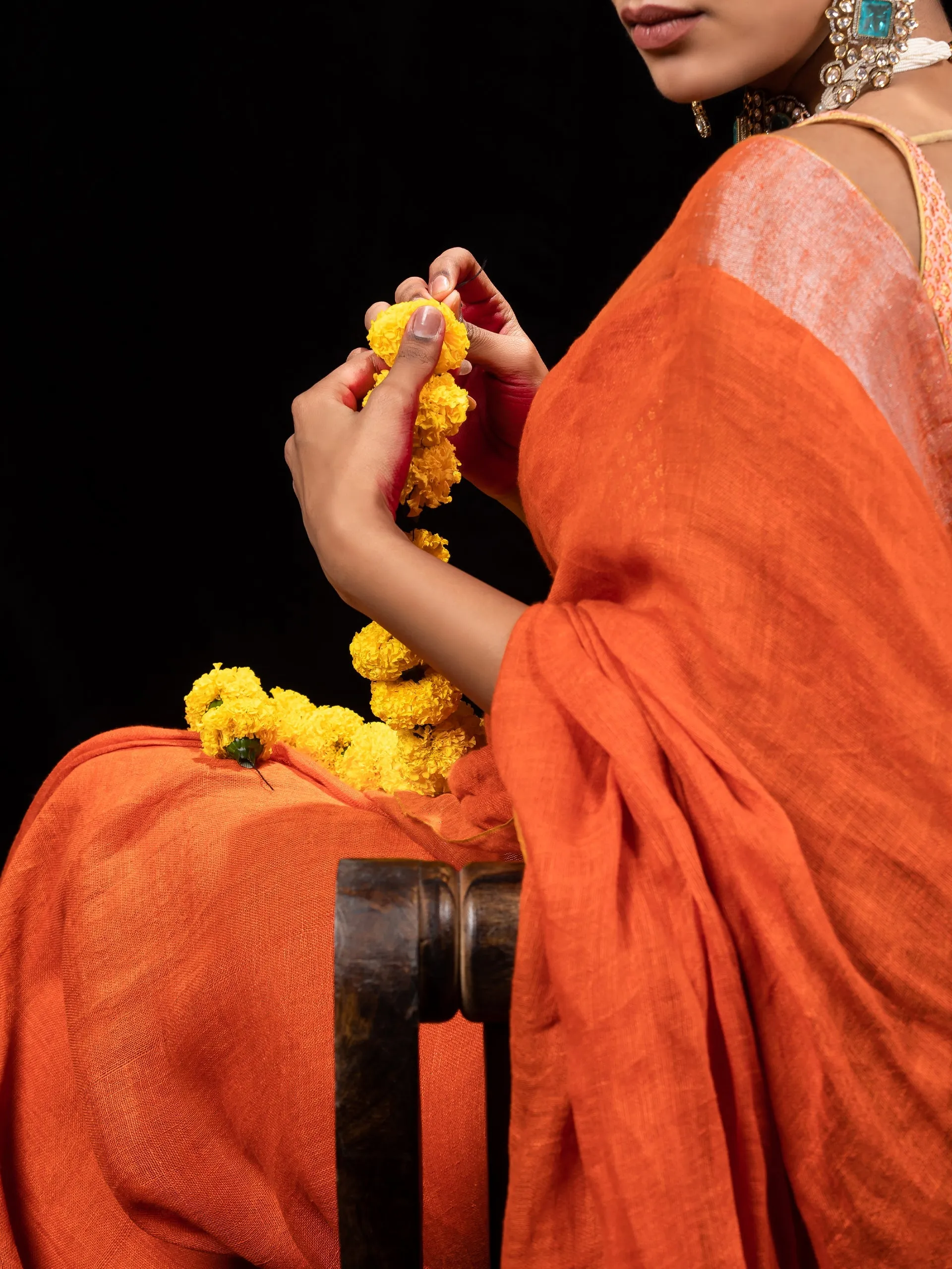 Tangerine Pure Linen saree