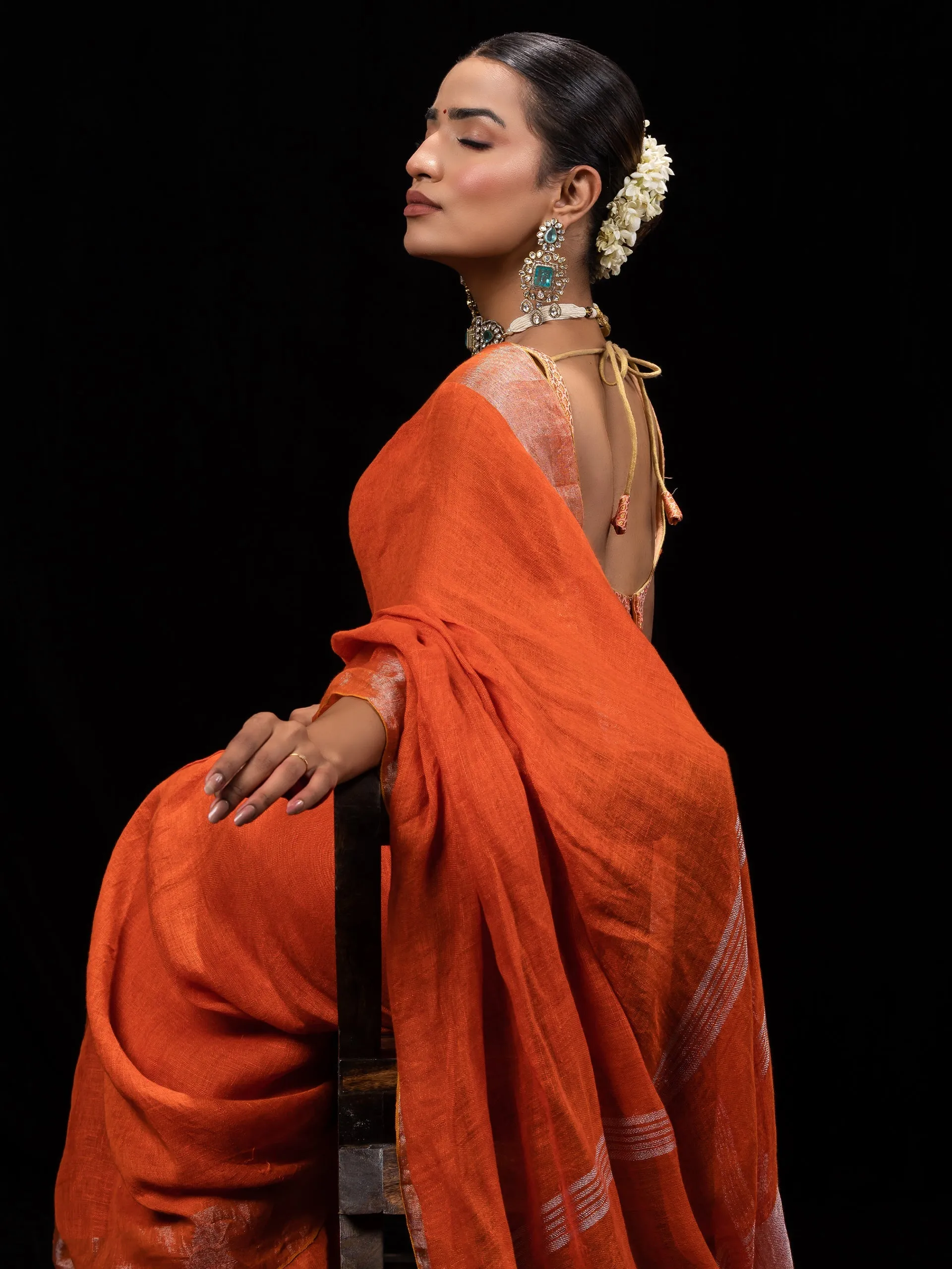 Tangerine Pure Linen saree