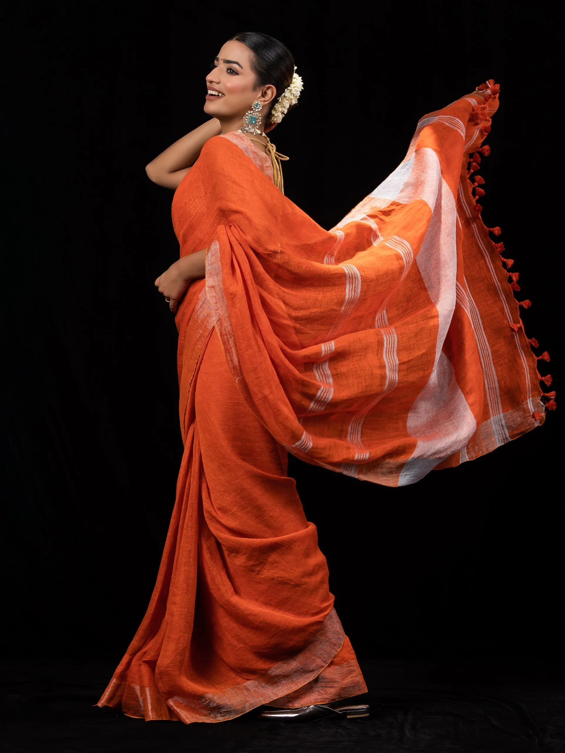 Tangerine Pure Linen saree