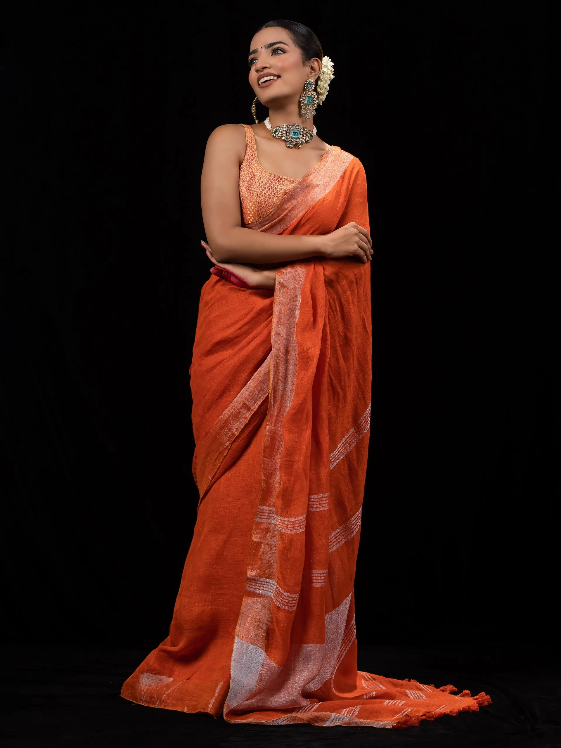 Tangerine Pure Linen saree
