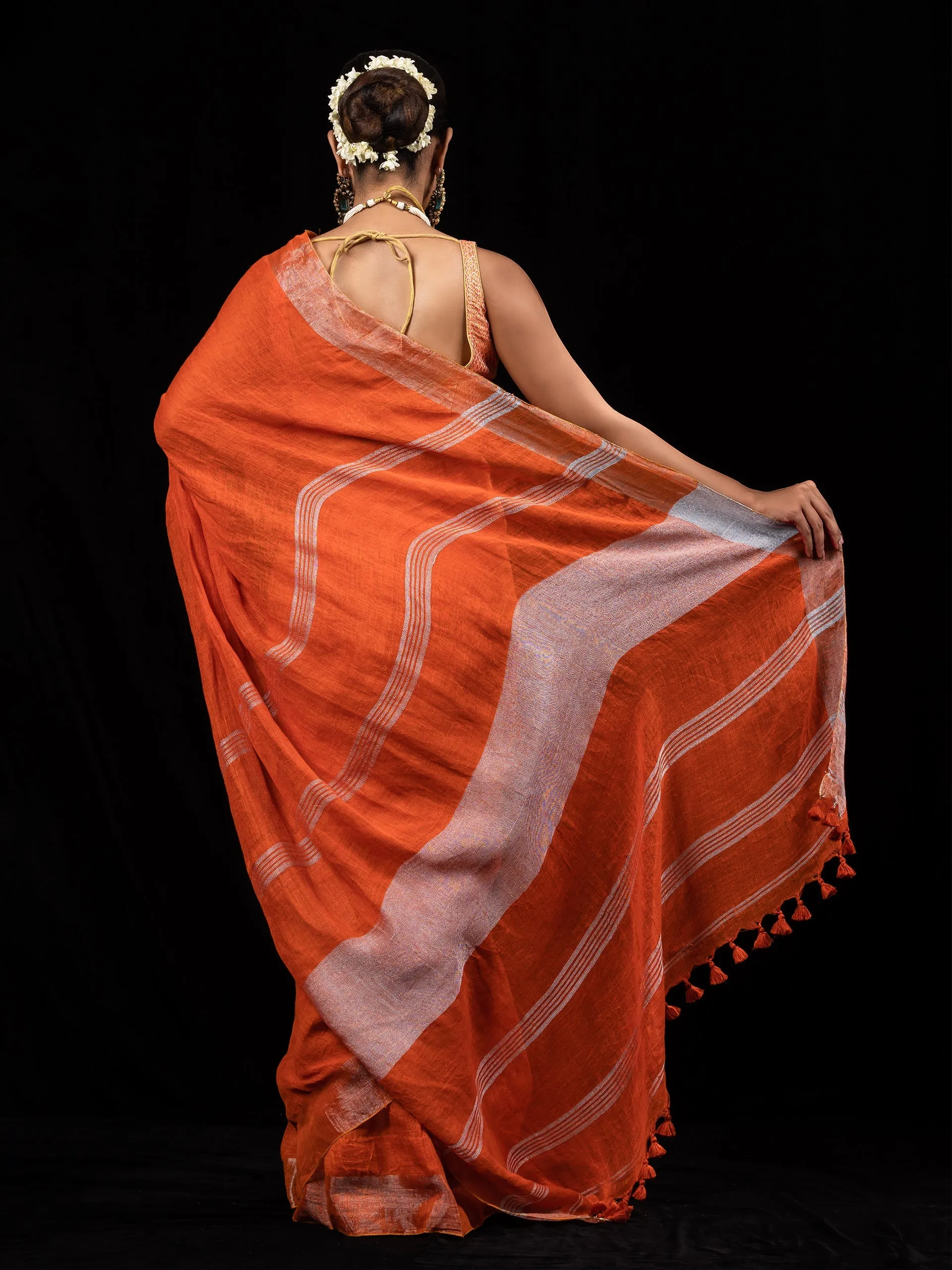 Tangerine Pure Linen saree