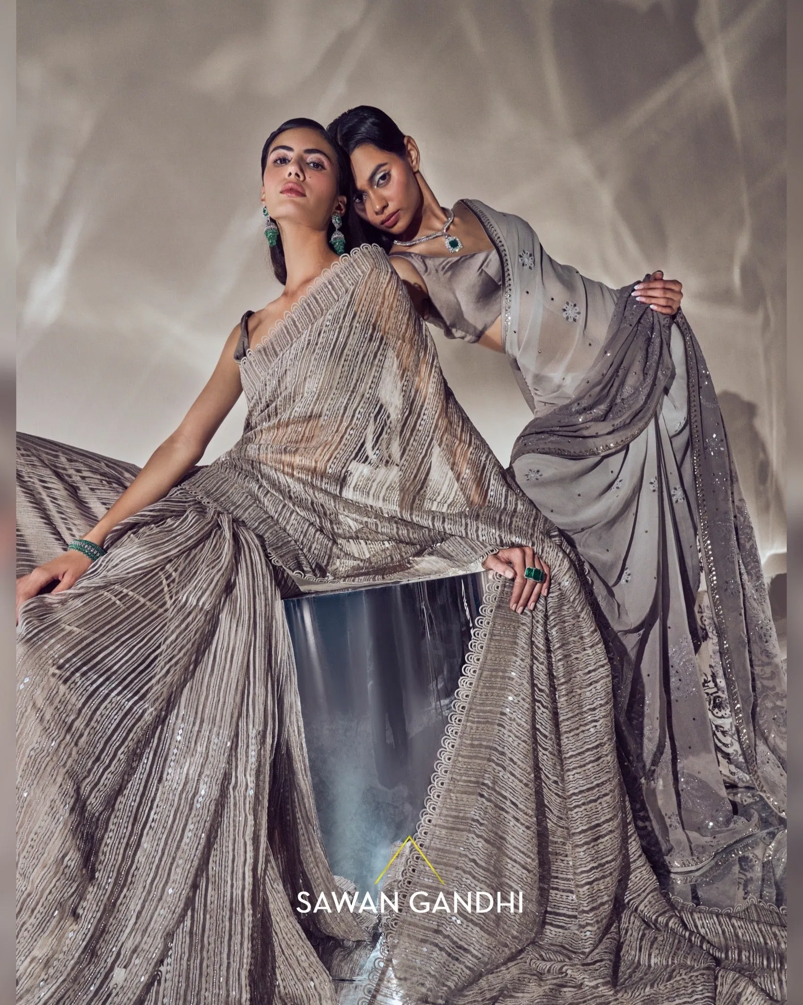 Taupe grey ombre chikankari saree set