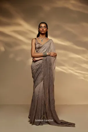 Taupe grey ombre chikankari saree set