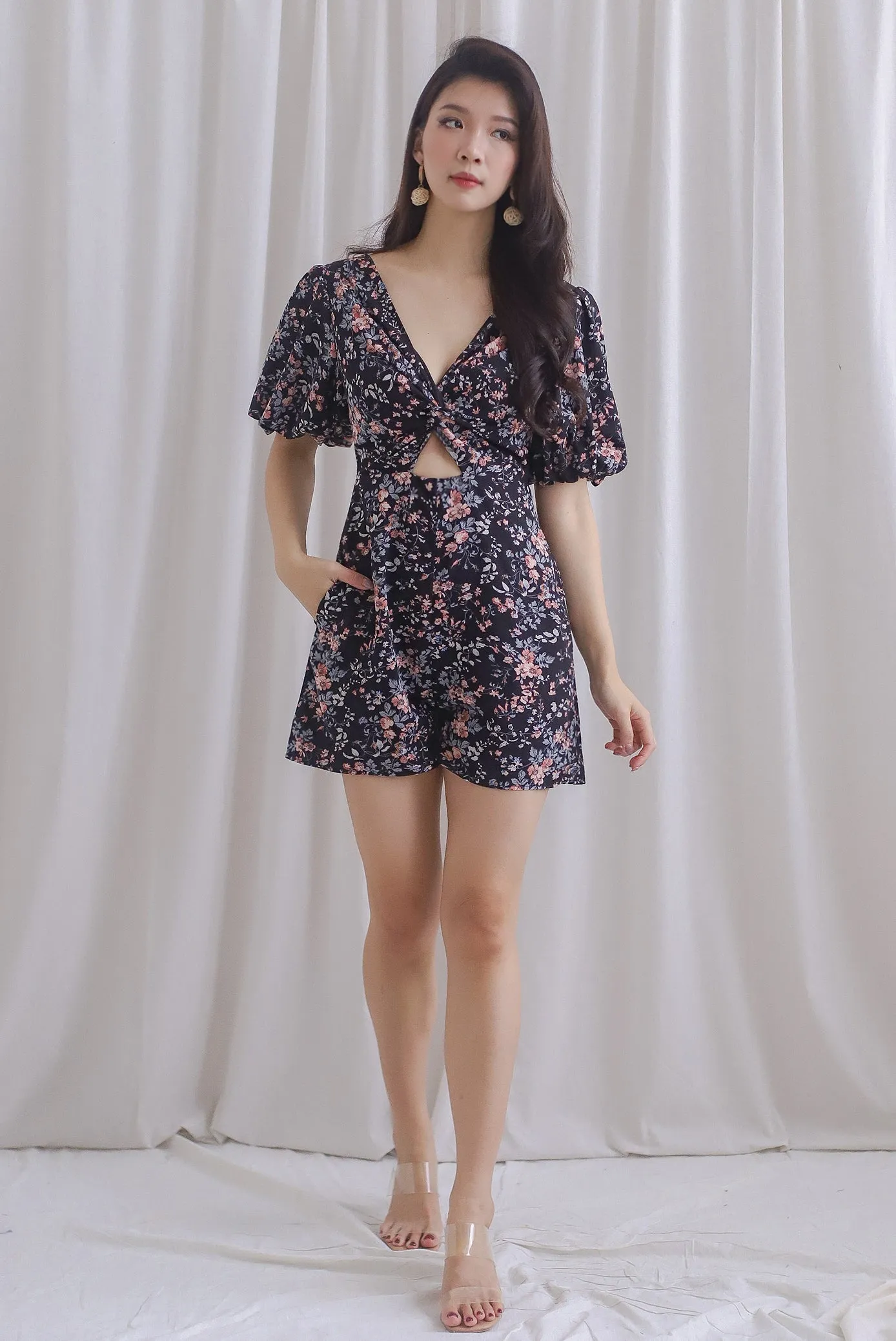 TDC Joyelle Twist Knot Cut Out Romper In Black