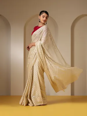 Temple Cream Jaal Chiffon Saree with Red Blouse Fabric