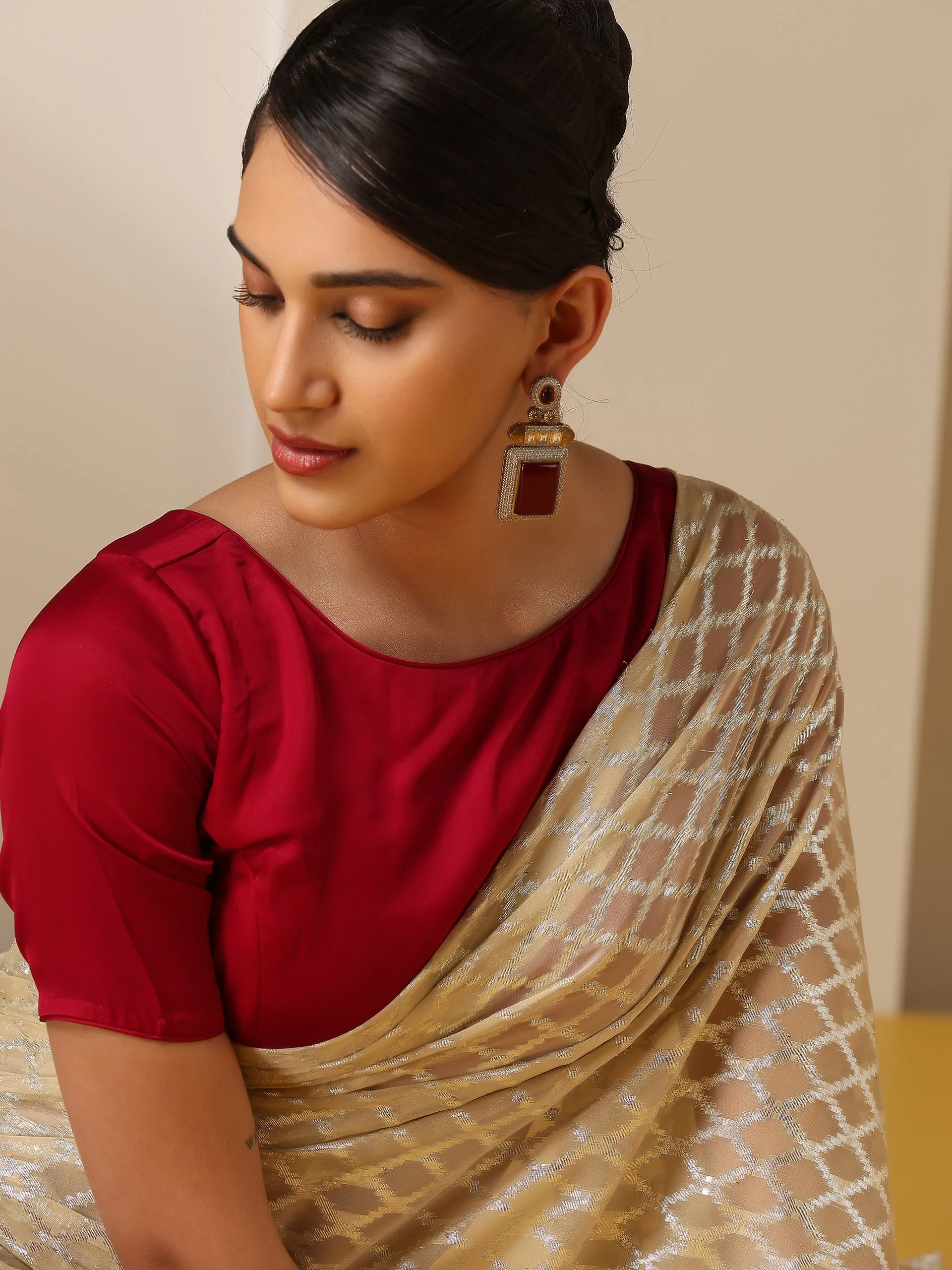 Temple Cream Jaal Chiffon Saree with Red Blouse Fabric