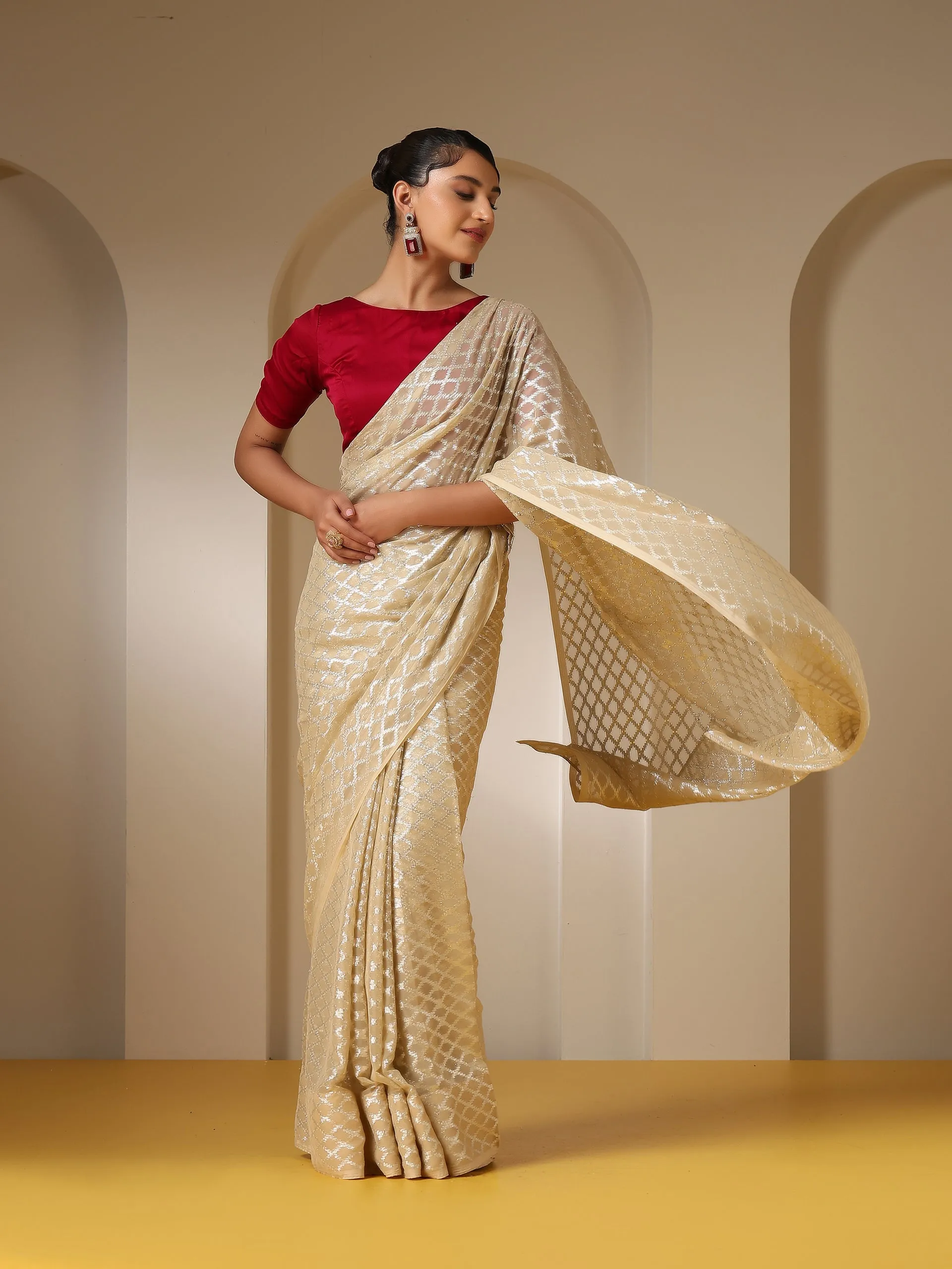 Temple Cream Jaal Chiffon Saree with Red Blouse Fabric