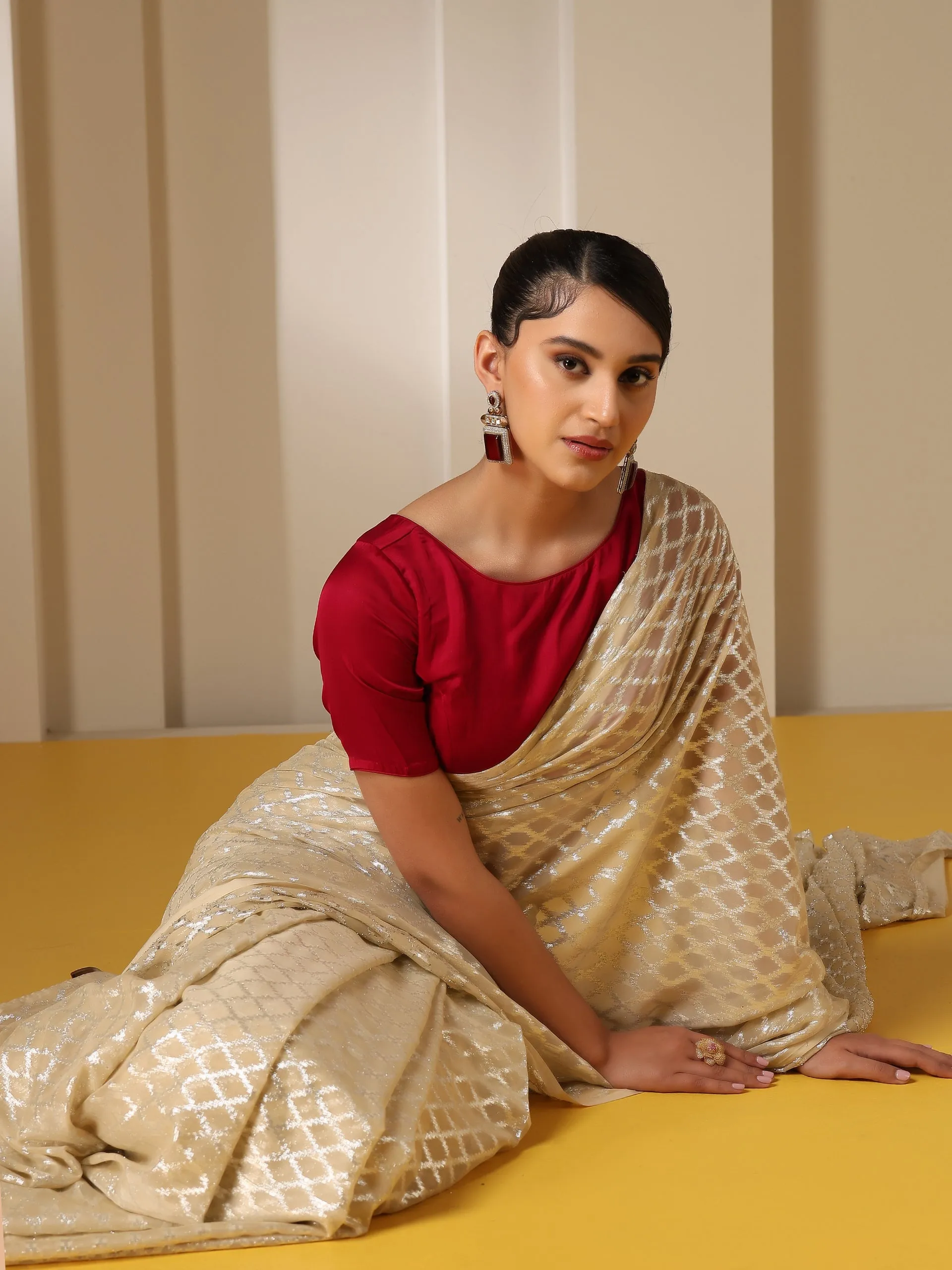 Temple Cream Jaal Chiffon Saree with Red Blouse Fabric